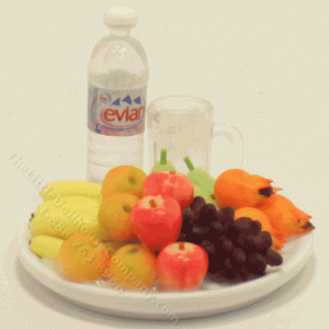 (image for) Miniature Fruit Platter with Large Evian Bottle and Mug of Water
