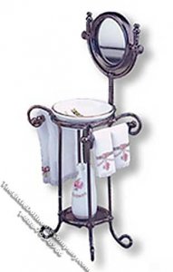 (image for) Miniature Pink Rose Black Metal Wash Stand for Dollhouses