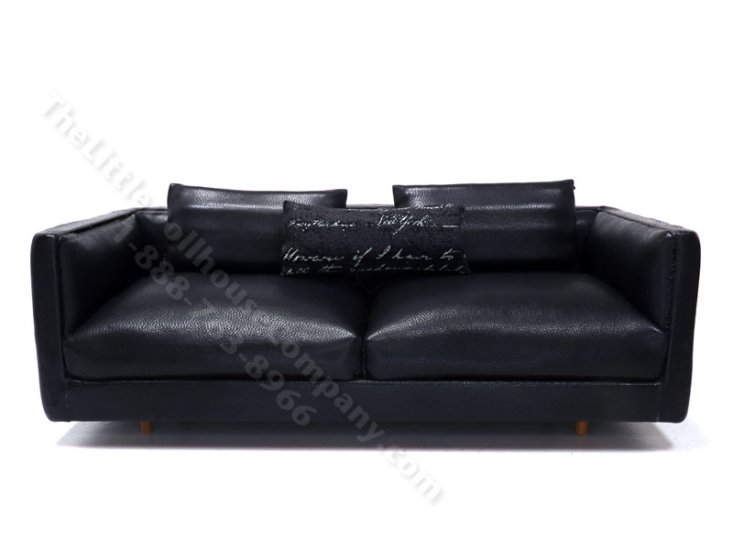 (image for) Miniature Modern Black Leather Sofa with Pillows by PRD Miniatures