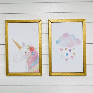 (image for) Miniature Pair Rectangular Framed Unicorn and Cloud on Wood