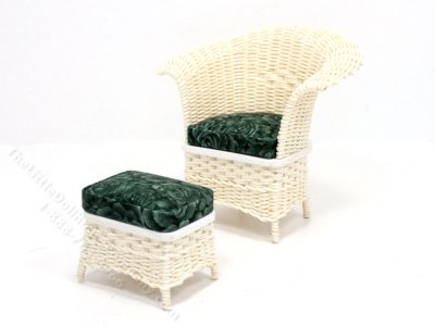 (image for) Miniature White Wicker Chair & Stool for Dollhouses