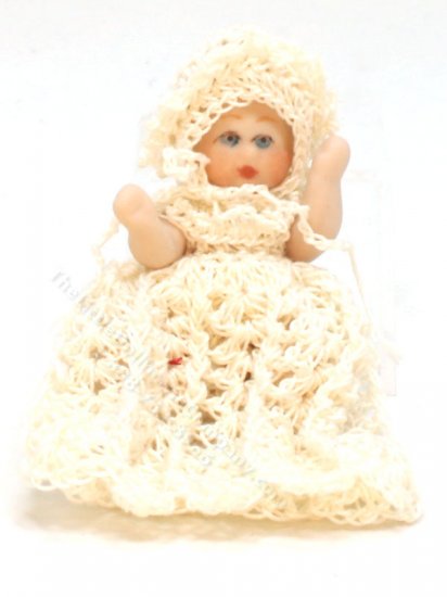 (image for) Miniature Baby Girl in White Crochet Dress by Joy Parker