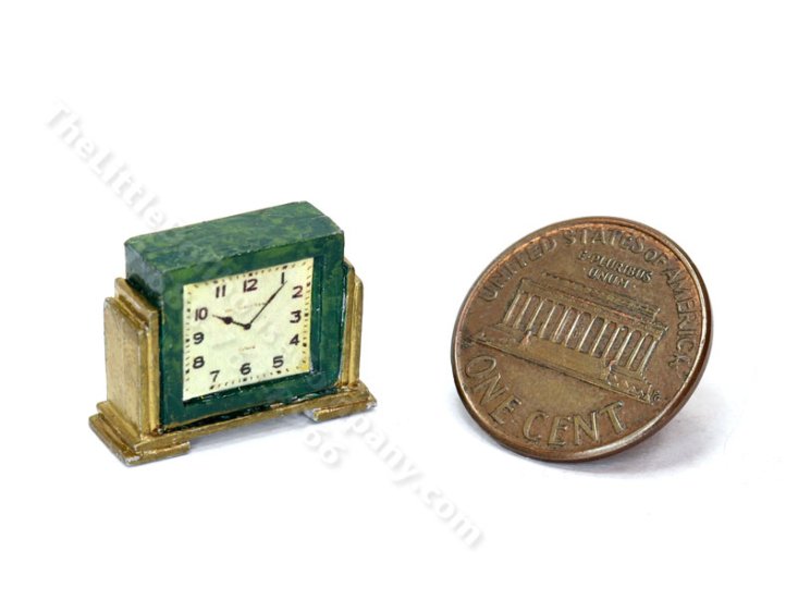 (image for) Miniature Art Deco Style Marble Mantel Clock - Green & Gold
