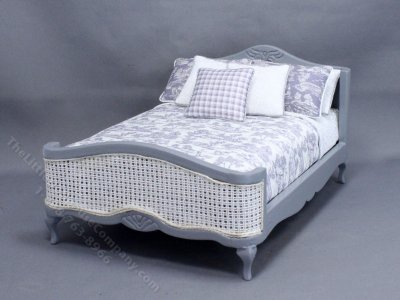 (image for) Miniature Gray Cane Bed Dressed in Grey Toile Bedding