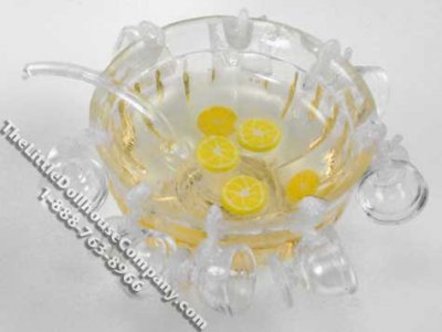 (image for) Dollhouse Scale Model Punch Bowl with Lemonade and 8 Glasses