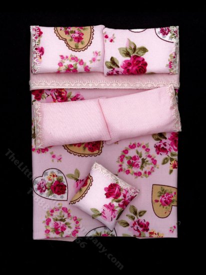 (image for) Miniature Pink Hearts and Roses Bedding for Dollhouses