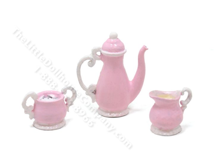 (image for) Miniature Georgian Style 3 Piece Coffee/Tea Set for Dollhouses - Pink & White