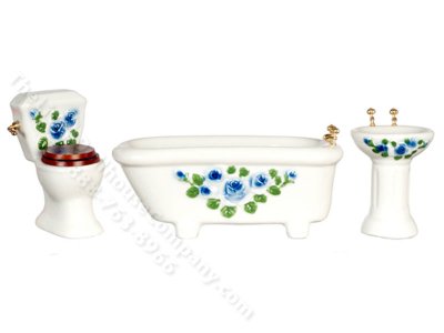 (image for) Miniature 3-Piece Blue Floral Bathroom Set for Dollhouses