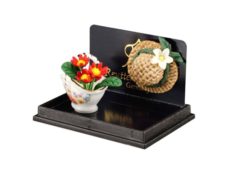 (image for) Miniature Ceramic Basket of Flower with Straw Hat