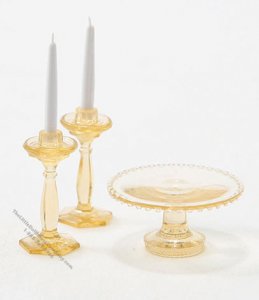 (image for) Miniature Amber Cake Plate with 2 Candlesticks For Dollhouses