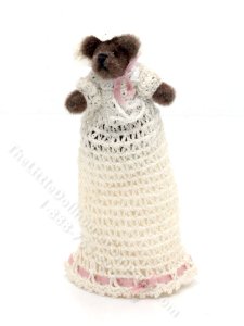 (image for) Miniature Dark Brown Teddy Bear in a Christening Gown