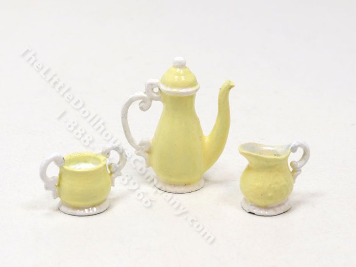 (image for) Miniature Georgian Style 3 Piece Coffee/Tea Set for Dollhouses - Yellow & White