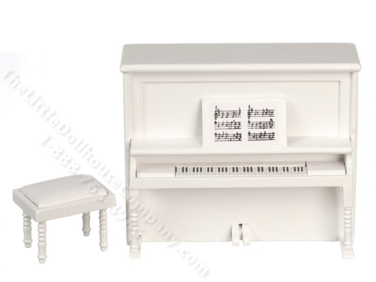 (image for) Miniature White Upright Piano with Bench for Dollhouses