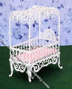 (image for) Miniature White Wire Baby Crib with Canopy for Dollhouses