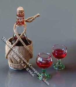 (image for) Dollhouse Scale Model Chianti Bottle and two Glasses