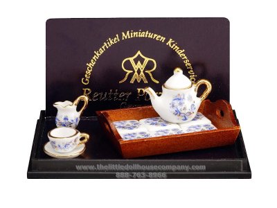 (image for) Miniature Blue Onion Pattern Tea Set with Tray for Dollhouses