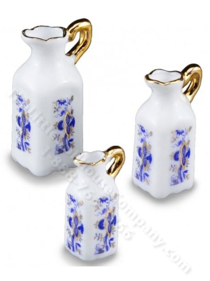 (image for) Miniature Blue Onion Pattern Set of 3 Pitchers for Dollhouses