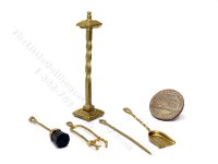 (image for) Miniature Set of Fireplace Tools with Stand for Dollhouses - Brass