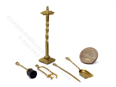(image for) Miniature Set of Fireplace Tools with Stand for Dollhouses - Brass