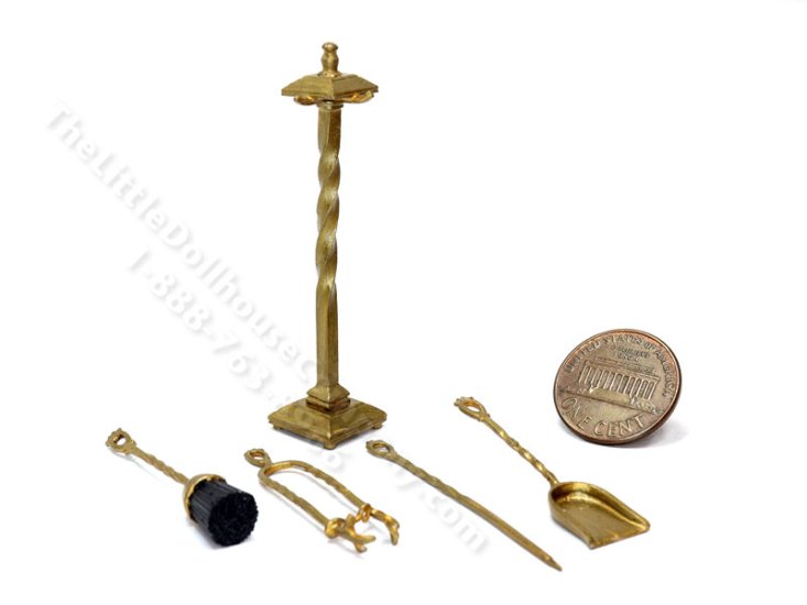 (image for) Miniature Set of Fireplace Tools with Stand for Dollhouses - Brass