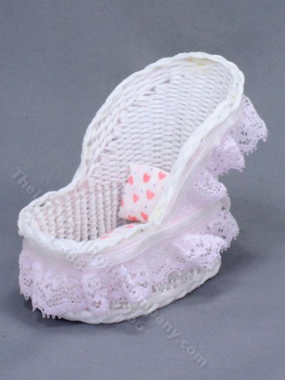 (image for) Miniature White Wicker Bassinet with Lace Trim for Dollhouses