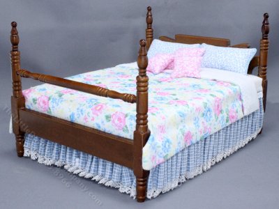 (image for) Miniature Walnut Bed Dressed in Blue, Pink, Yellow and White