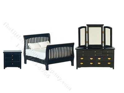 (image for) Miniature 3pc Black Slat Bedroom Set for Dollhouses