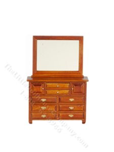 (image for) Miniature Walnut Dresser w/Mirror for Dollhouses