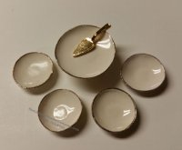 (image for) Miniature White/Gold Cake Plate with Server & 4 Dessert Plates