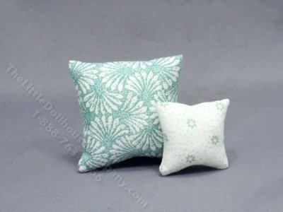 (image for) Miniature Pair of Square Green Floral Pillows for Dollhouses