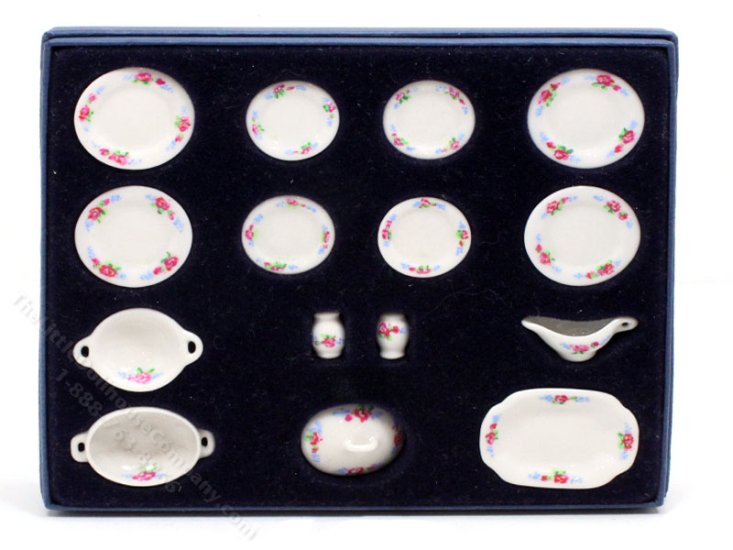 (image for) Miniature 15-Piece White and Flora Dinner Service for Dollhouses