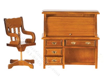(image for) Miniature Walnut Rolltop Desk and Chair for Dollhouses