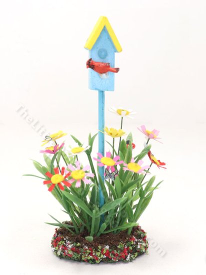 (image for) Miniature Cosmo Flower Bed with Bird House by Mini Creations by Judy