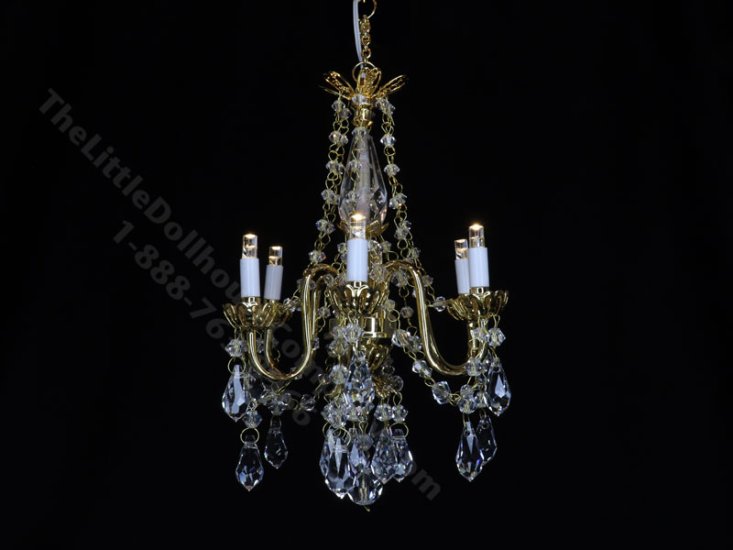 (image for) Miniature Battery Operated 6-Arm Brass Crystal Column Chandelier with Wand