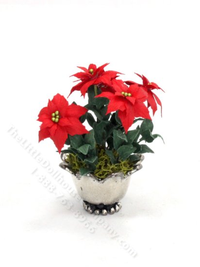 (image for) Dollhouse Miniature Red Poinsettias in Silver Vase