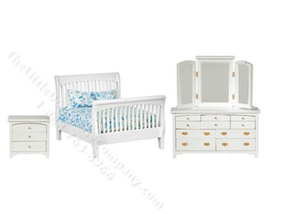 (image for) Miniature 3pc White Slat Bedroom Set for Dollhouses