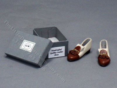 (image for) Miniature White and Brown Leather Loafers in a Shoebox