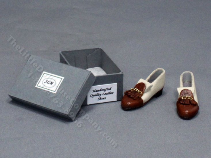 (image for) Miniature White and Brown Leather Loafers in a Shoebox