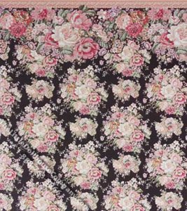 (image for) Pink Flowers on Black Pattern Miniature Wallpaper for Dollhouses