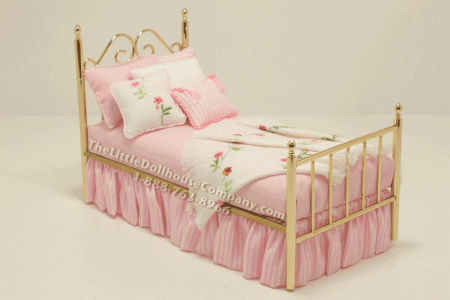 (image for) Miniature Brass Bed with Pink and Flower Fabric for Dollhouses