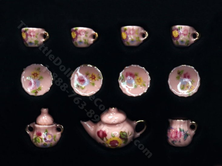 (image for) Miniature Porcelain Tea Set for Dollhouses (13 pcs) - Pink