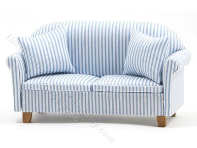 (image for) Miniature Blue/White Striped Sofa w/2 Pillows for Dollhouses
