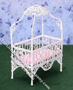 (image for) Miniature White Wire Baby Crib with Canopy for Dollhouses