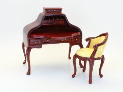 (image for) Miniature Mahogany Secretary Desk and Chair Set for Dollhouses