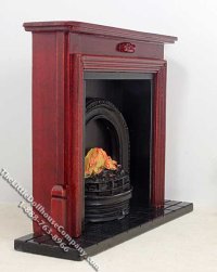 (image for) Dollhouse Scale Model Mahogany Fireplace with Brass Tools