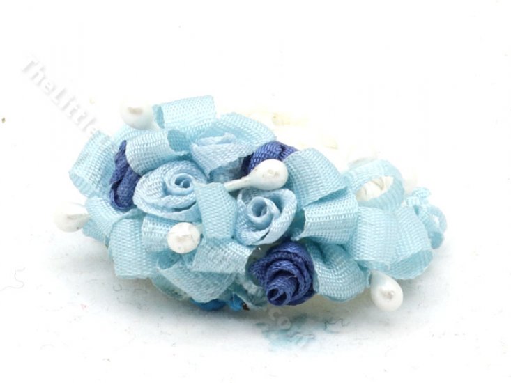 (image for) Miniature White Straw Hat with Blue Ribbons and Roses