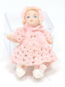 (image for) Miniature Porcelain Baby Doll in Pink and White Crochet