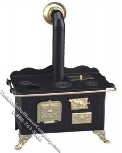 (image for) Miniature Black with Gold Accents Wood Stove for Dollhouses