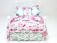 (image for) Miniature White Metal Bed with Pink and Green Floral Dressing