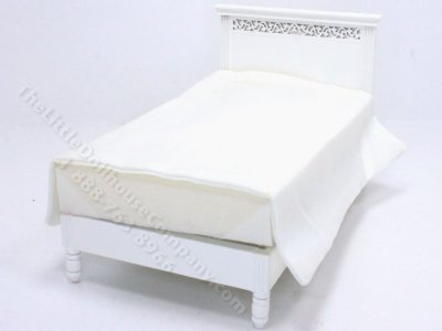 (image for) Miniature White Bed with White Bedding for Dollhouses